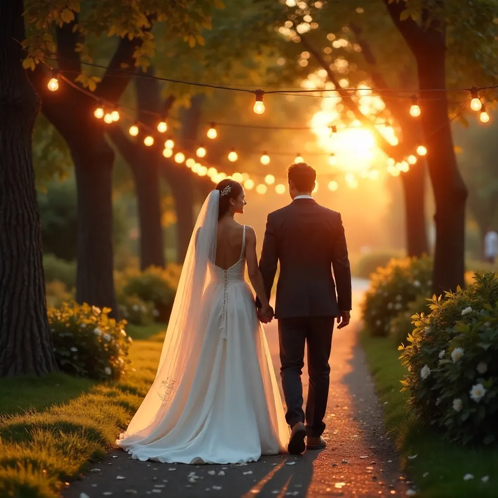 Sunset Wedding Stroll Under Decorative Lights