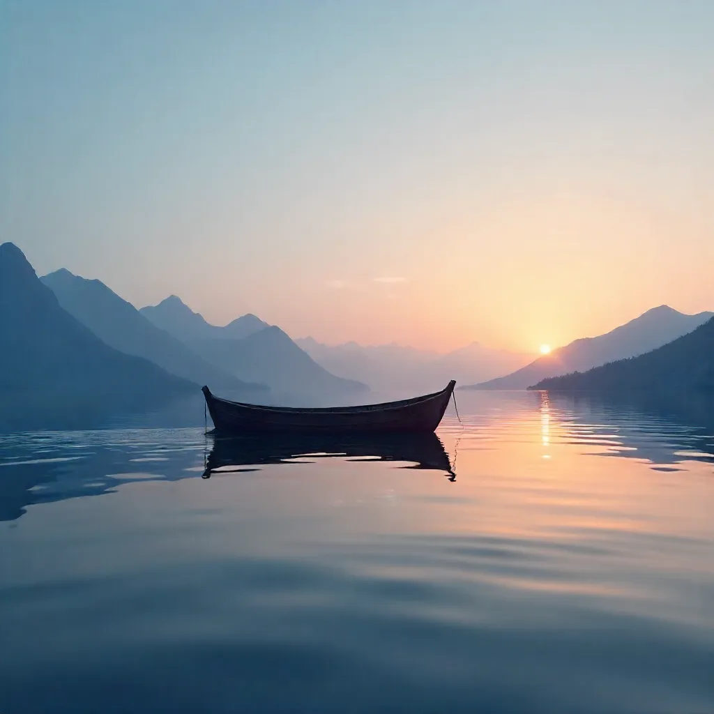 Lone Boat at Dusk Between Quiet Sea and Distant Peaks