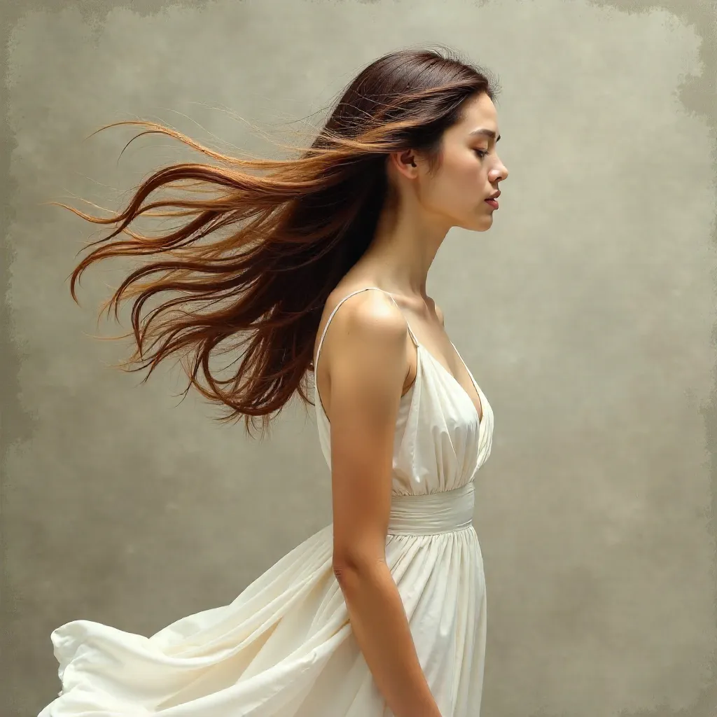 Flowing Hair Portrait in Motion on Muted Backdrop