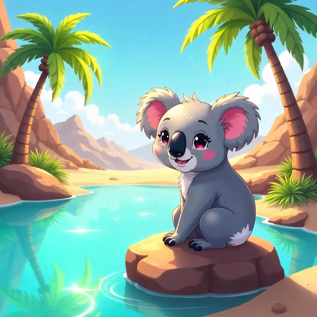 Anime Koala in a Lush Oasis – Desert Portrait