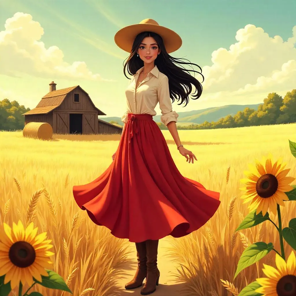 Elegant Latina on a Sunset Farm in Anime Style