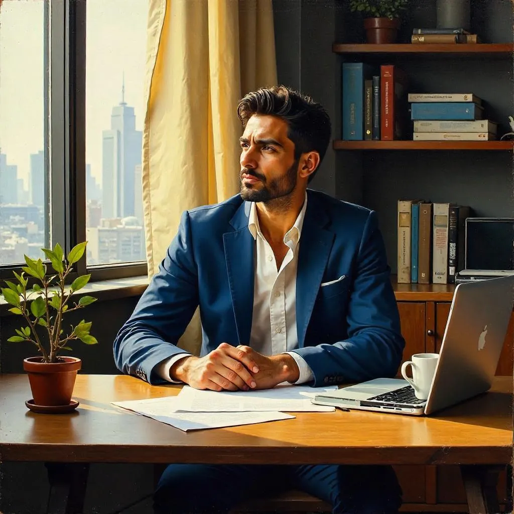 Oil Painting of a Young Middle Eastern Man in an Office
