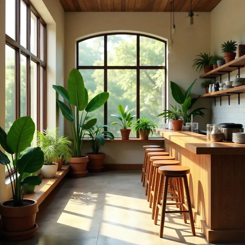 Stylish Cafe Interior: Wooden Stools, Large Windows, Lush Plants