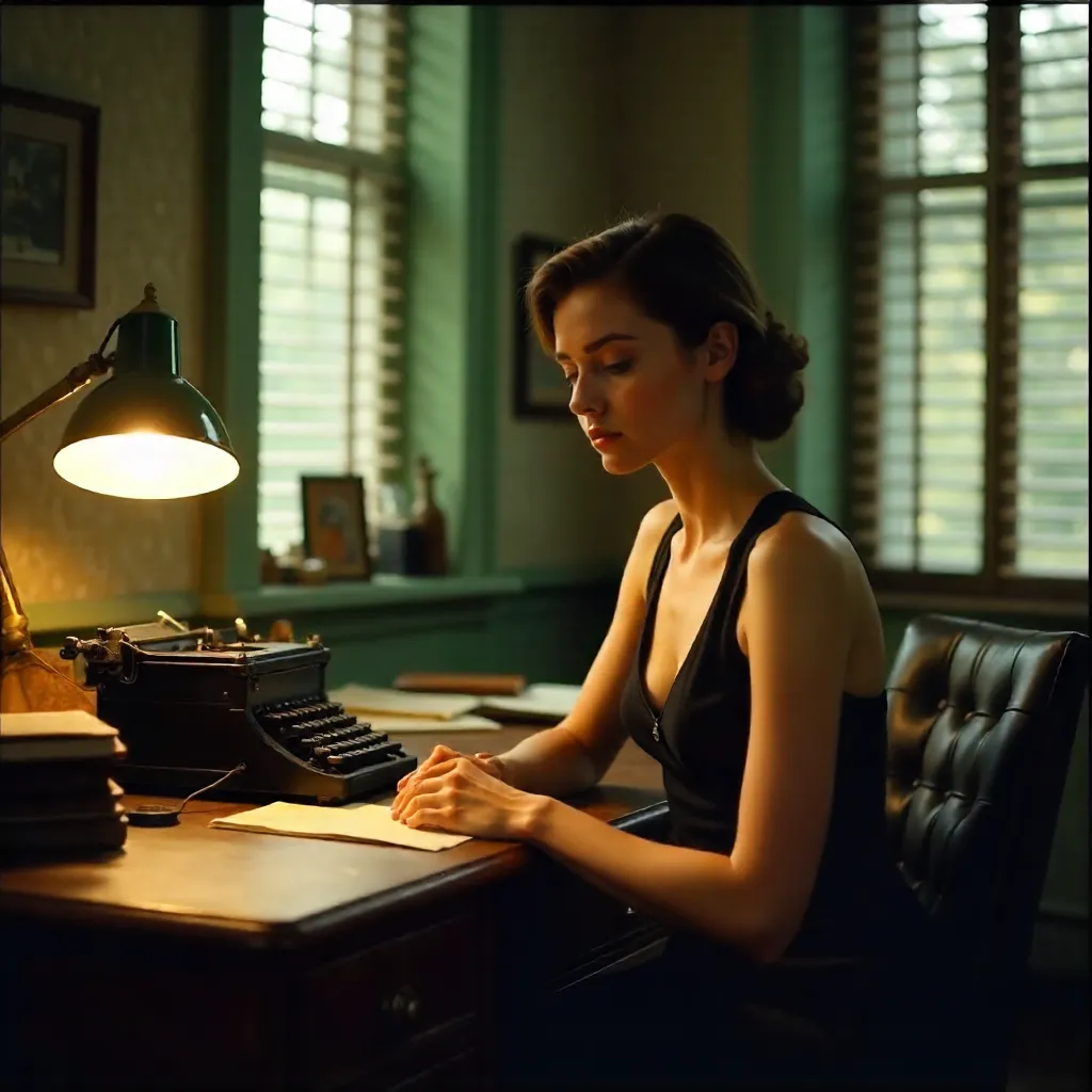 Pensive Young Woman in Vintage Office with Typewriter