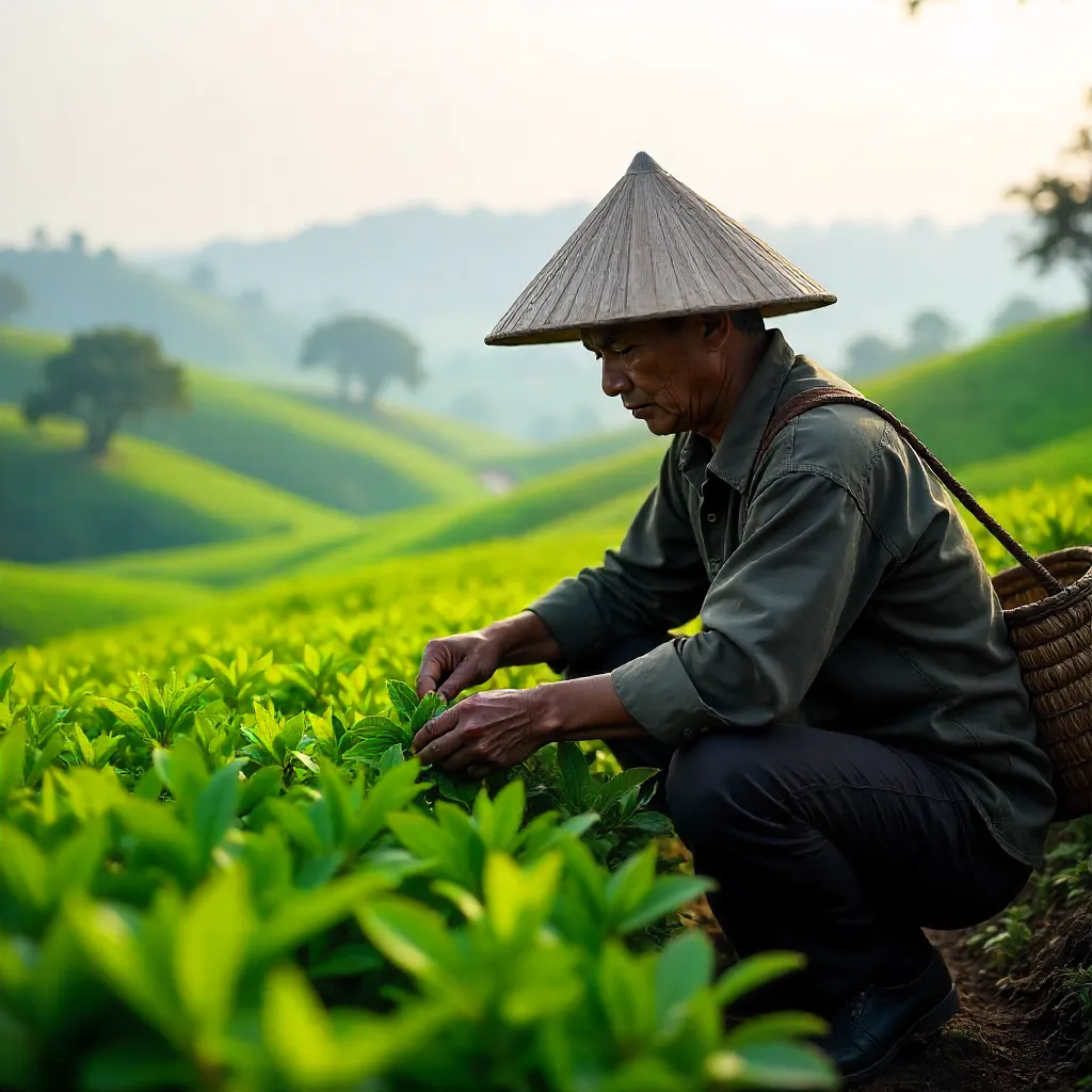 Tea Picker in Phú Thọ Fields, Vietnam