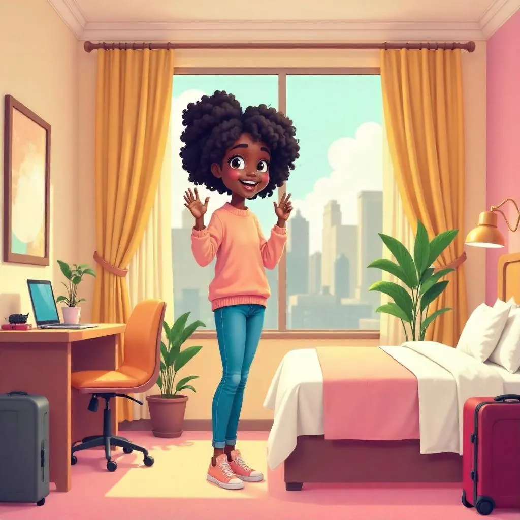 Cheerful Black Girl in an Anime Hotel Room
