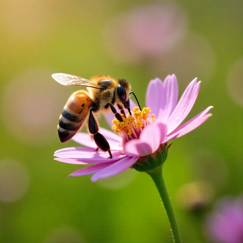 Macro Honeybee Pollinating Pink Wildflower in Meadow
