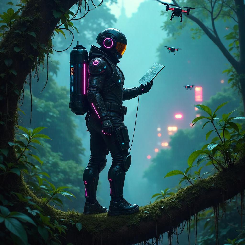 Cyberpunk Pilot in Jungle Canopy