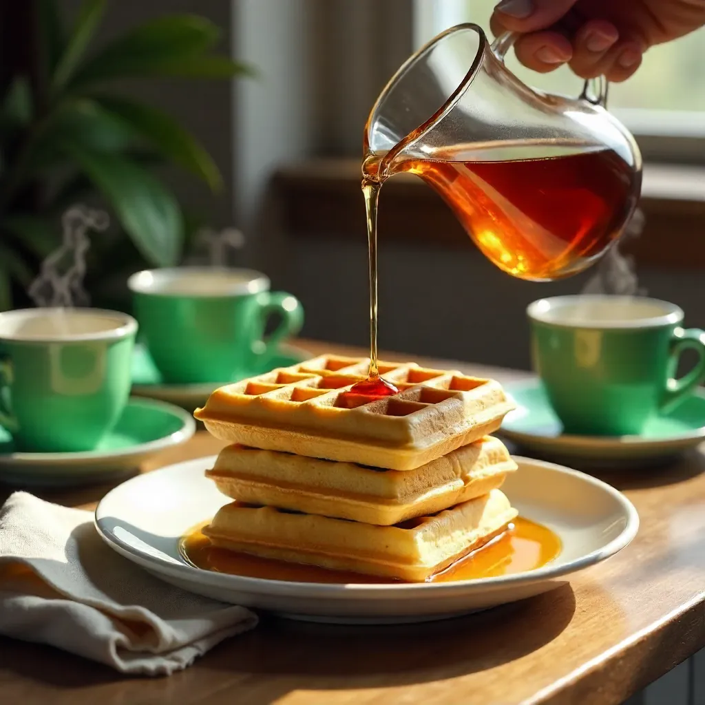 Golden Waffle Stack with Syrup and Green Cups