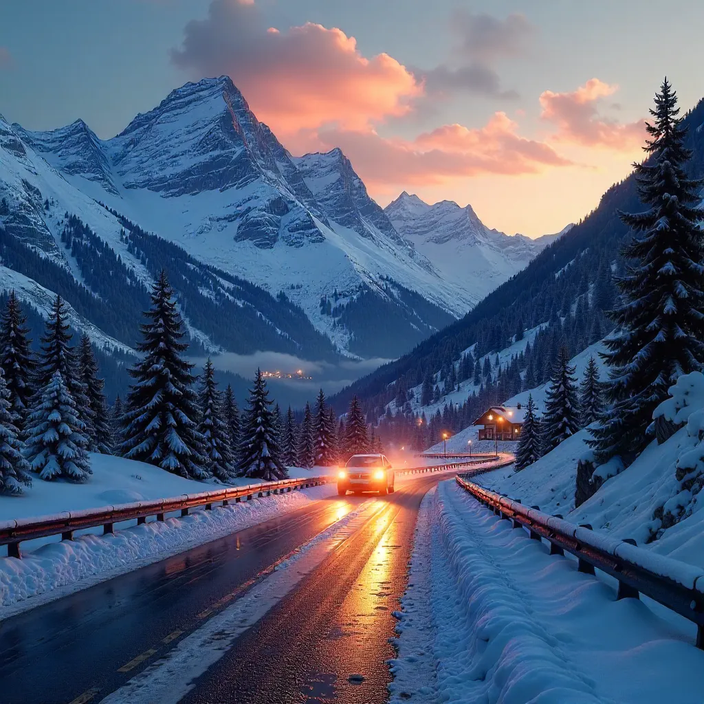Twilight in the Swiss Alps: Snowy Road with Oncoming Car