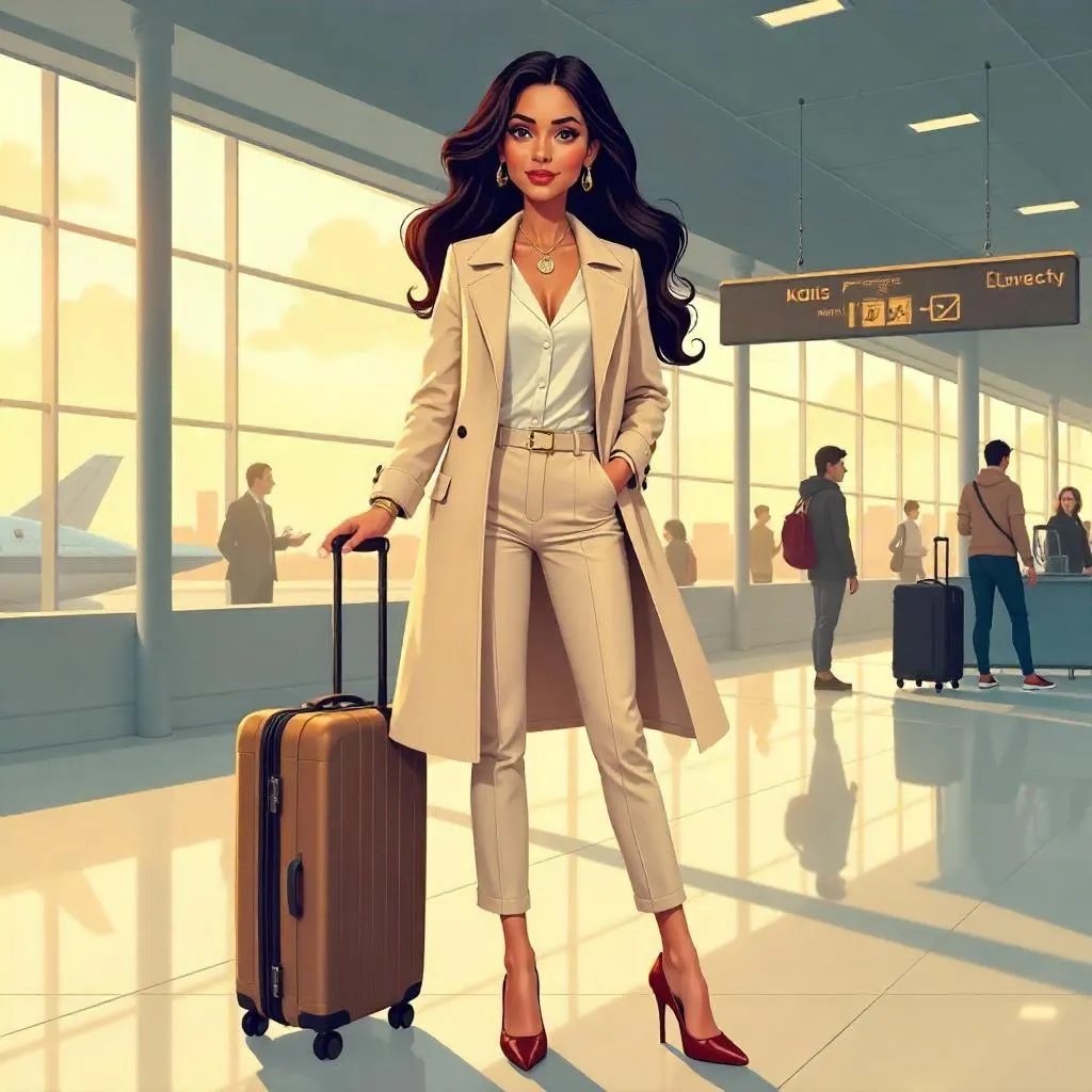Elegant Latina Woman in a Cartoon Airport Scene