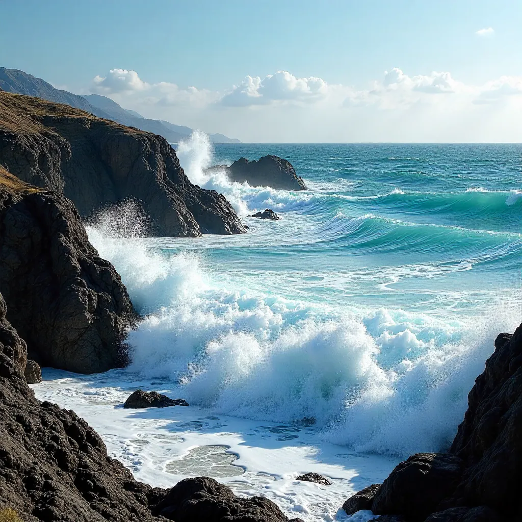 Waves Against Rugged Coastline Under a Clear Sky