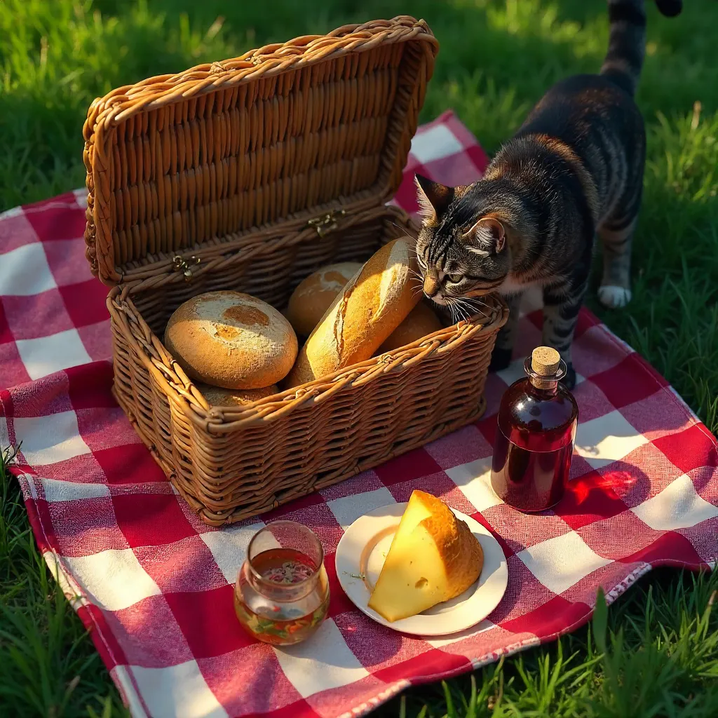 Aerial Picnic Basket: Bread, Wine, Curious Cat