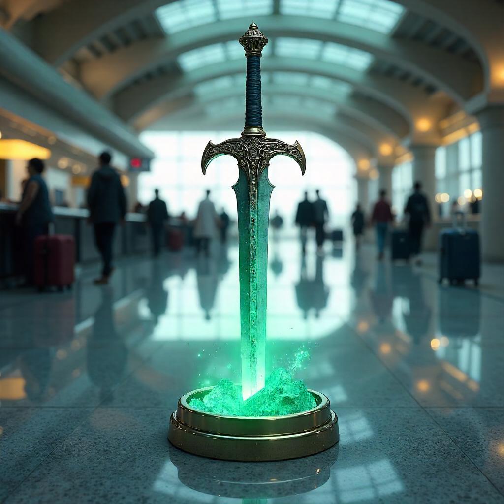 Enchanted Sword in a Modern Airport - 3D Render