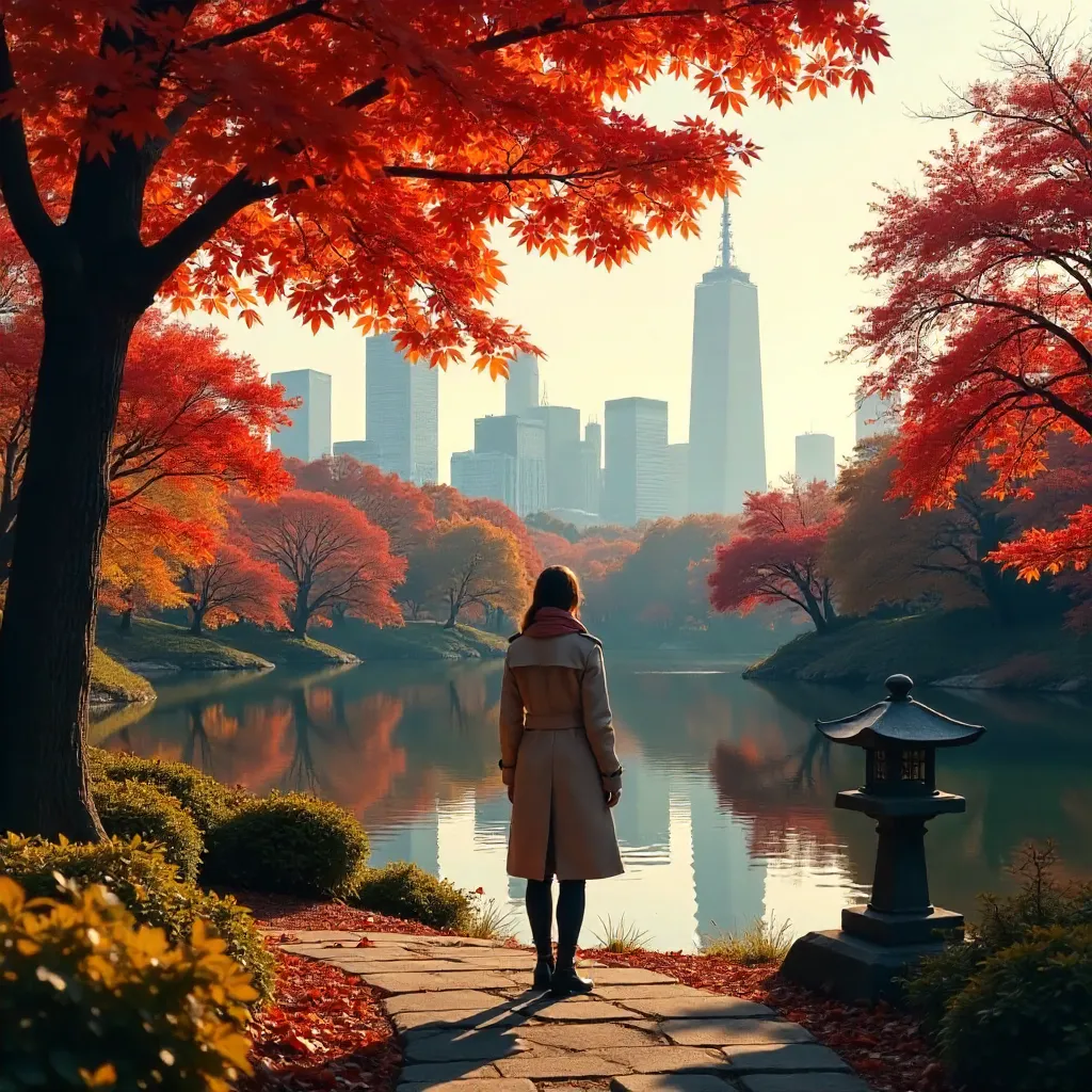 Autumn in a Tokyo Park: City Skyline Backdrop