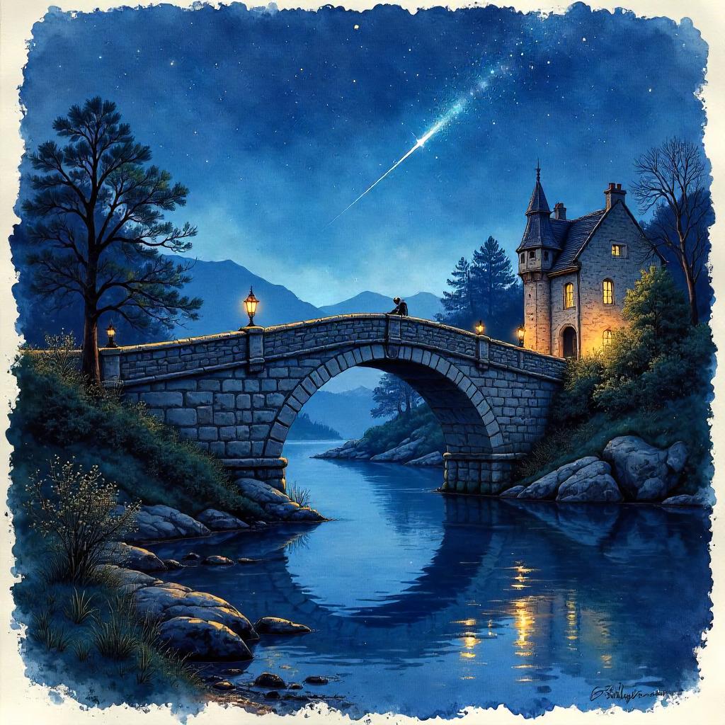 Meteor in Watercolor over a Drawbridge at Night