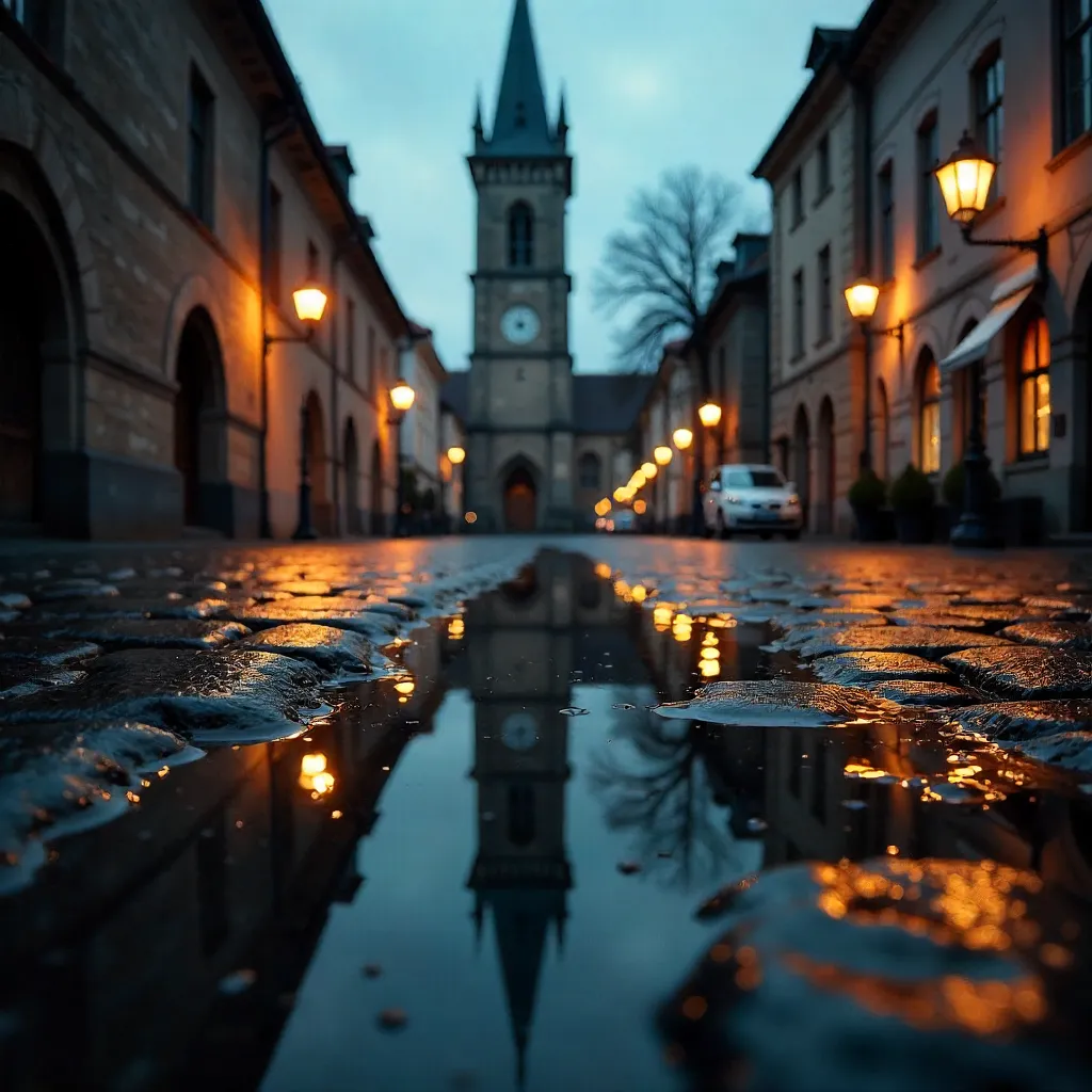 Reflection of a Historic Church Clock Tower on Rainy Cobblestones