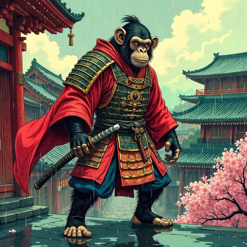 Samurai Chimpa in Feudal Japan — Comic Book Style