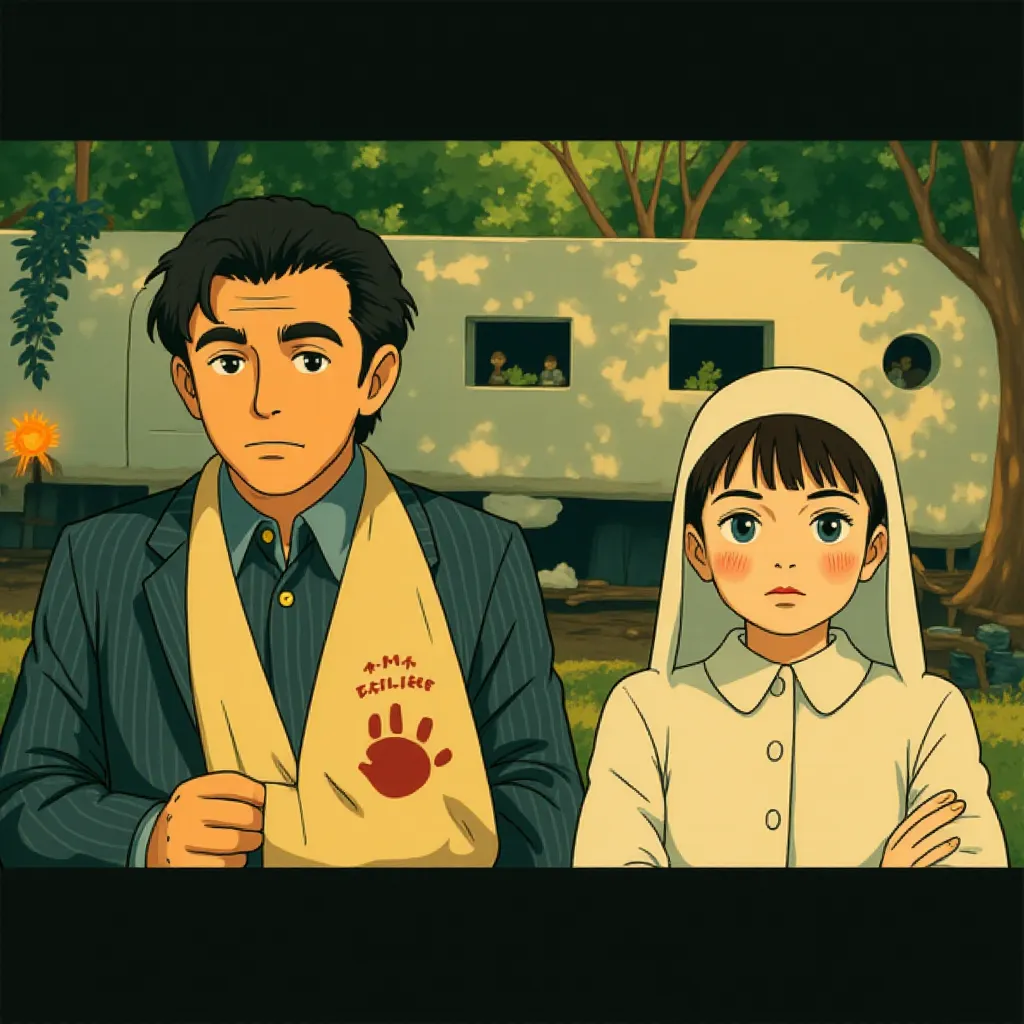 Benicio Del Toro and Mia Threapleton in The Phoenician Scheme (2025) - Ghibli style