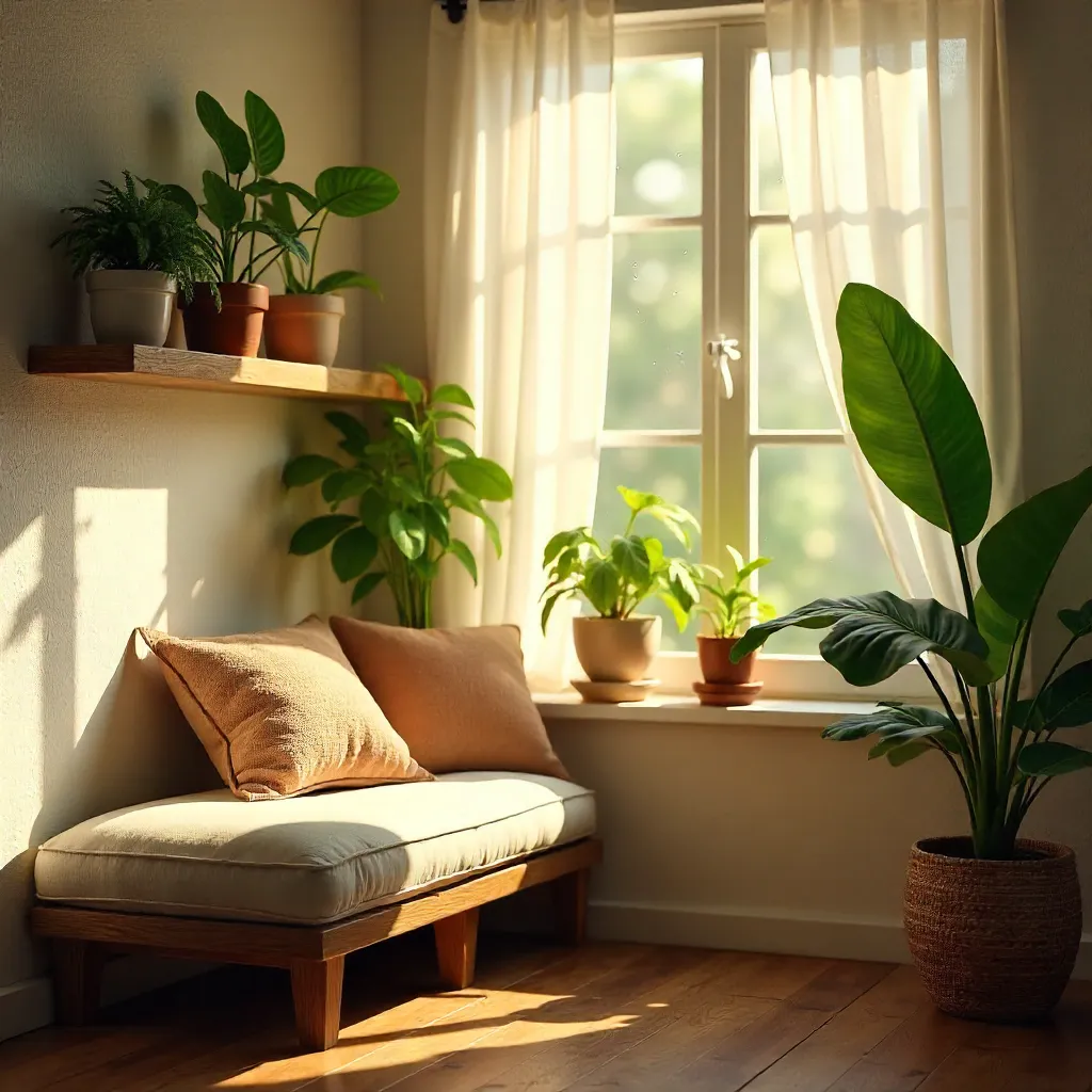 Sunlit Plant Shadows in a Cozy Indoor Nook