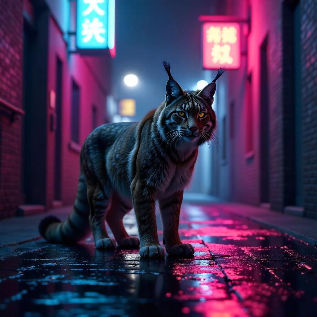 Lynx in Neon Alley: A 3D Render