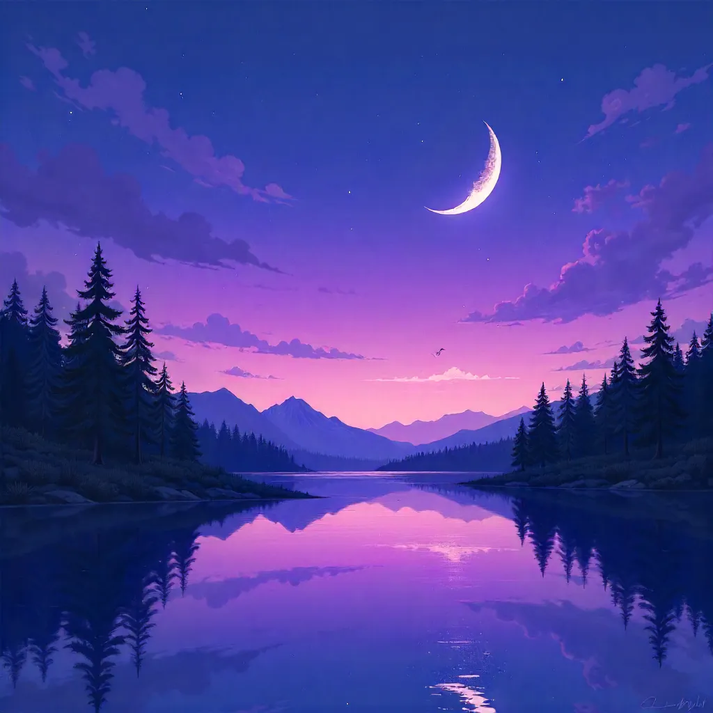 Calm Crescent over Purple Twilight Sky