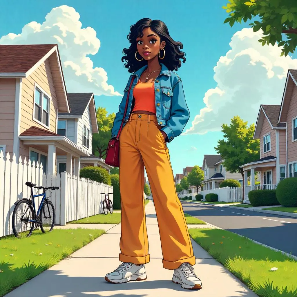 Stylish Black Woman in Anime Style on Suburban Street