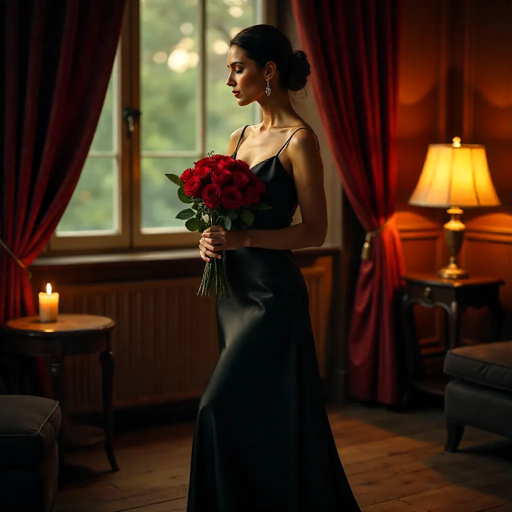 Black Dress with Red Bouquet in Intimate Interior