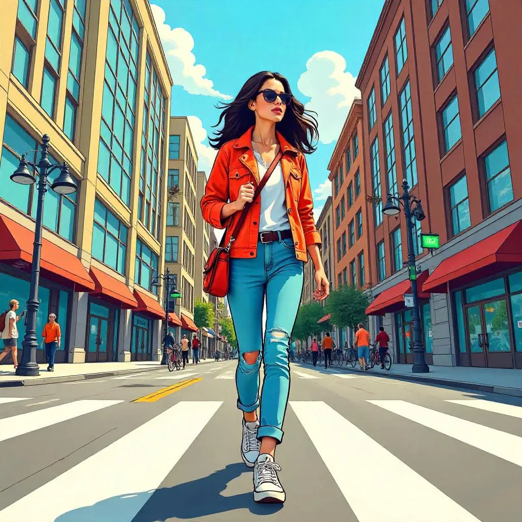 Cartoon Woman in a Bustling Downtown Street