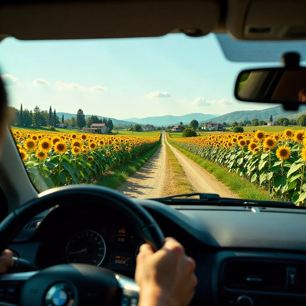 Sunflower Field View from a Turkish Car Window