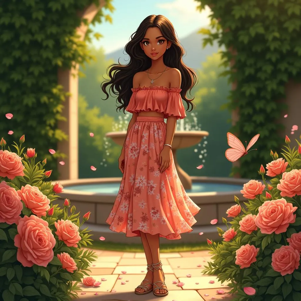 Latina Anime Girl in a Lush Garden
