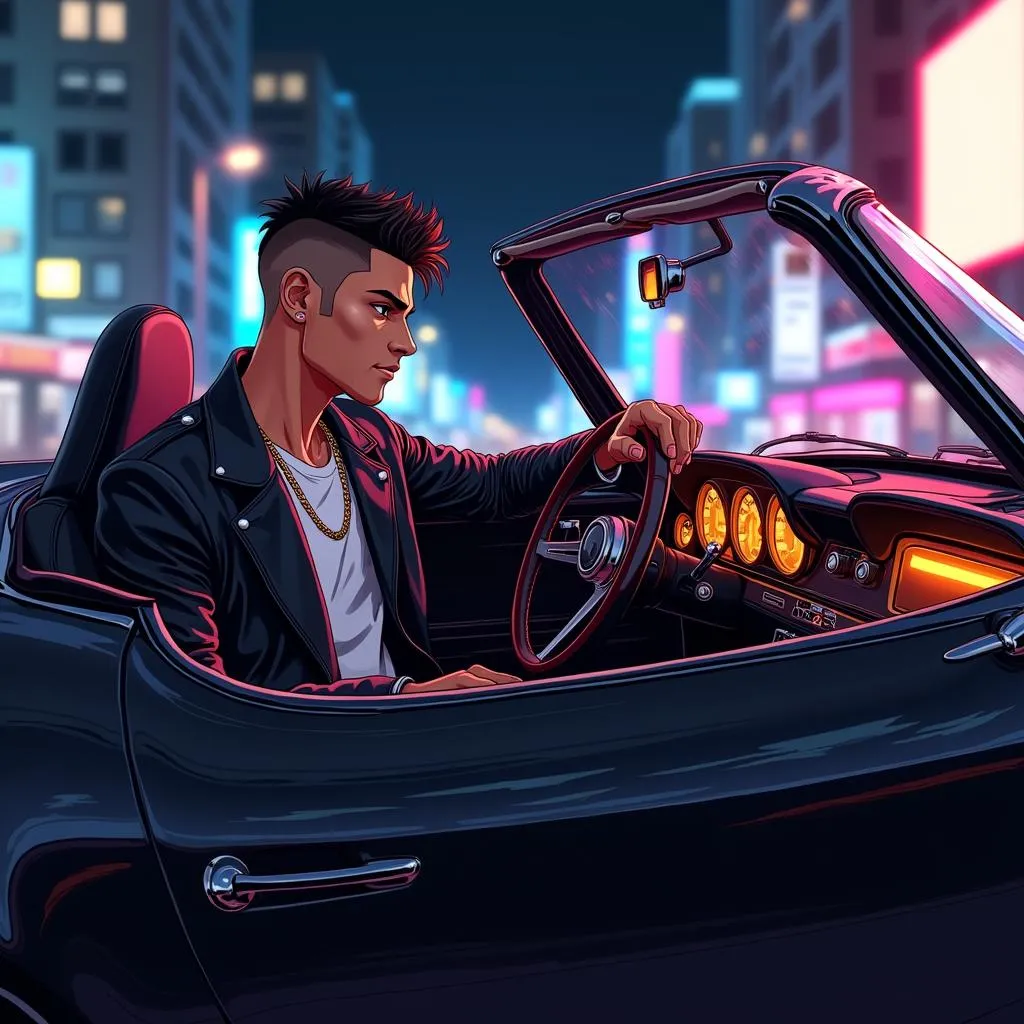 Neon Night Drive: Stylish Latino in Anime Style