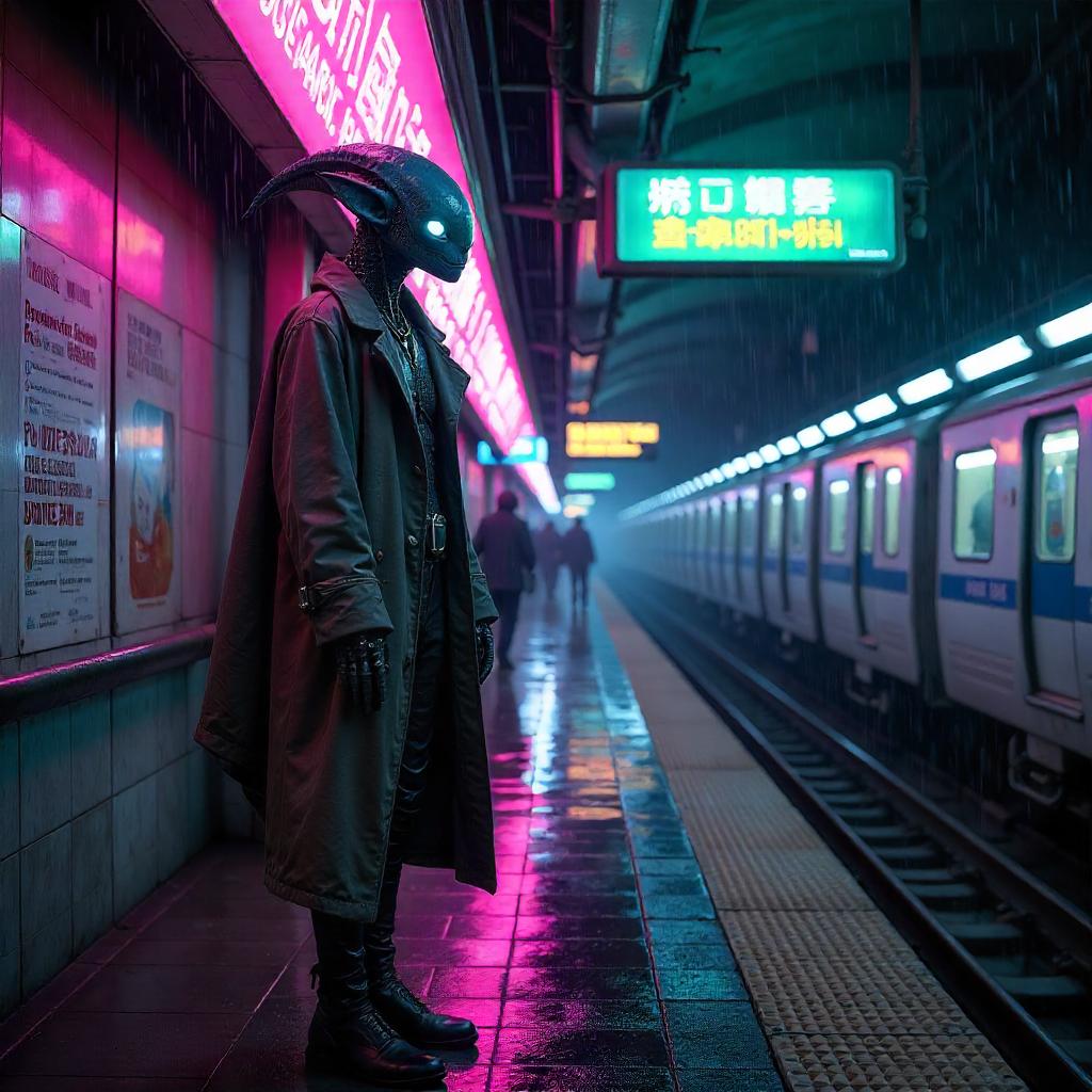 Neon-Slick Alien in a Cyberpunk Subway Station