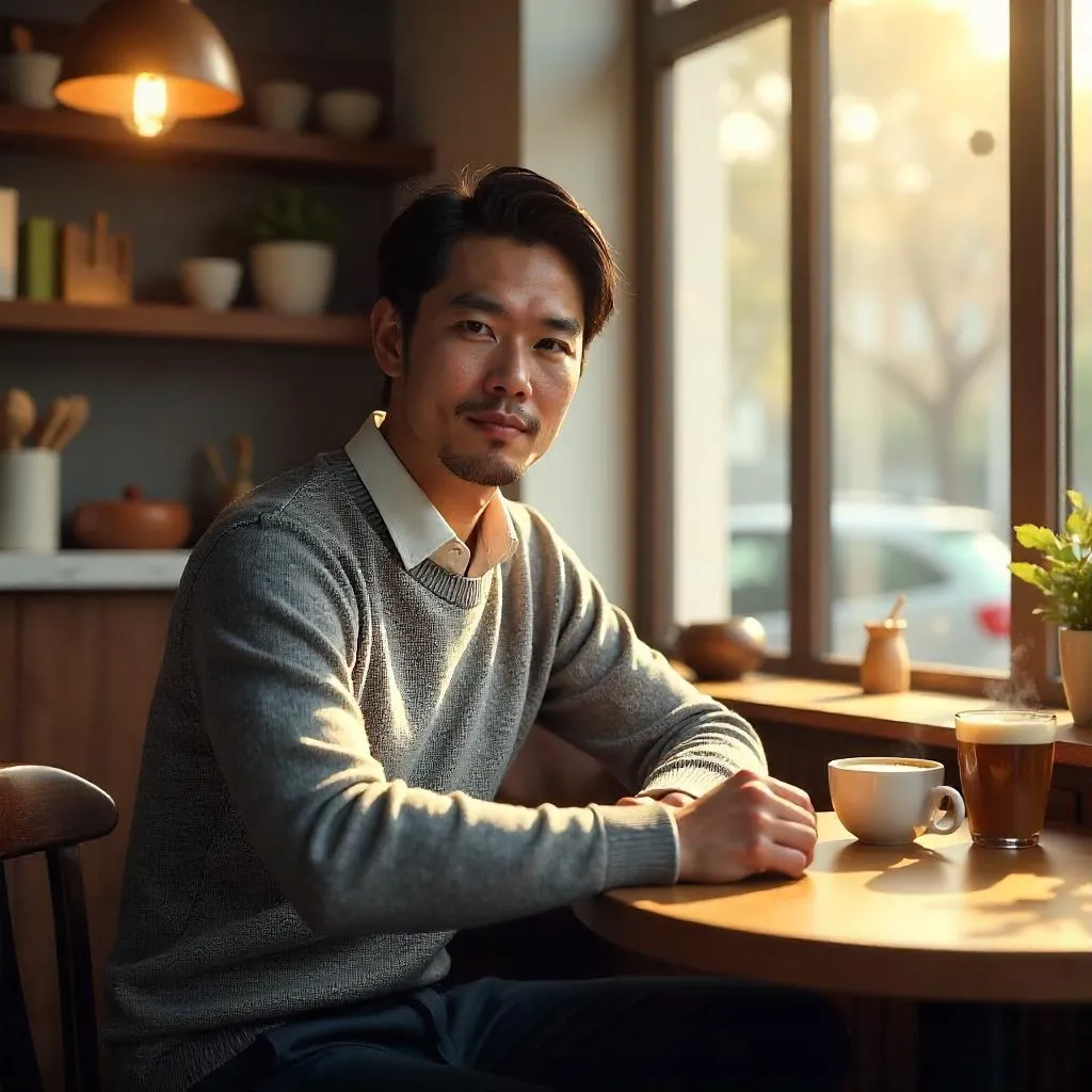 3D Render: Handsome Asian Man in a Cozy Café