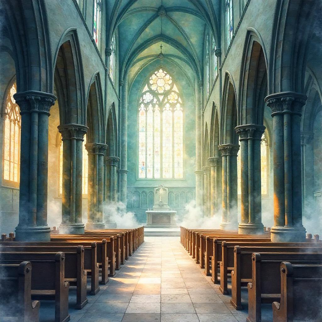 Watercolor Fog in a Gothic Cathedral
