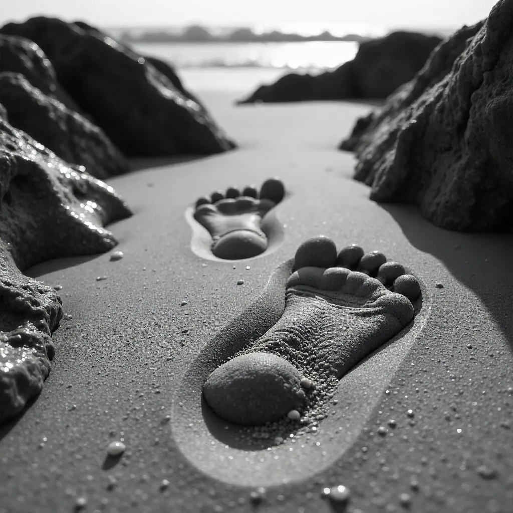 Monochrome Footprints on a Rocky Beach