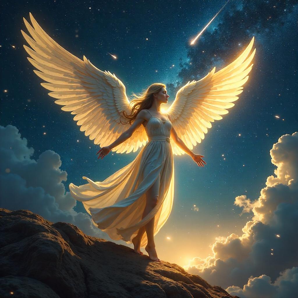 Celestial Angel Amid Meteor Shower – Concept Art