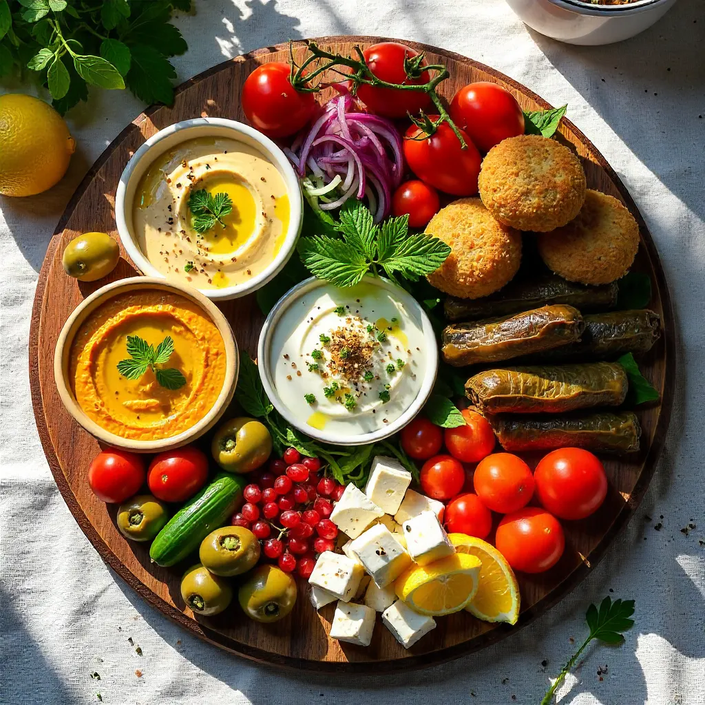 Vibrant Mediterranean Mezze Platter on Rustic Board