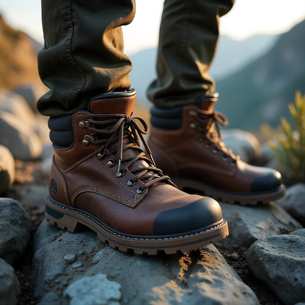 Close-Up: Two Hikers' Rugged Boots on Rocky Terrain