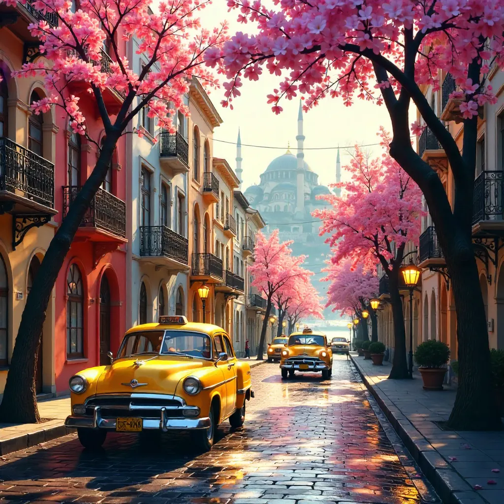 Sakura-framed Istanbul Street with Classic Taxis