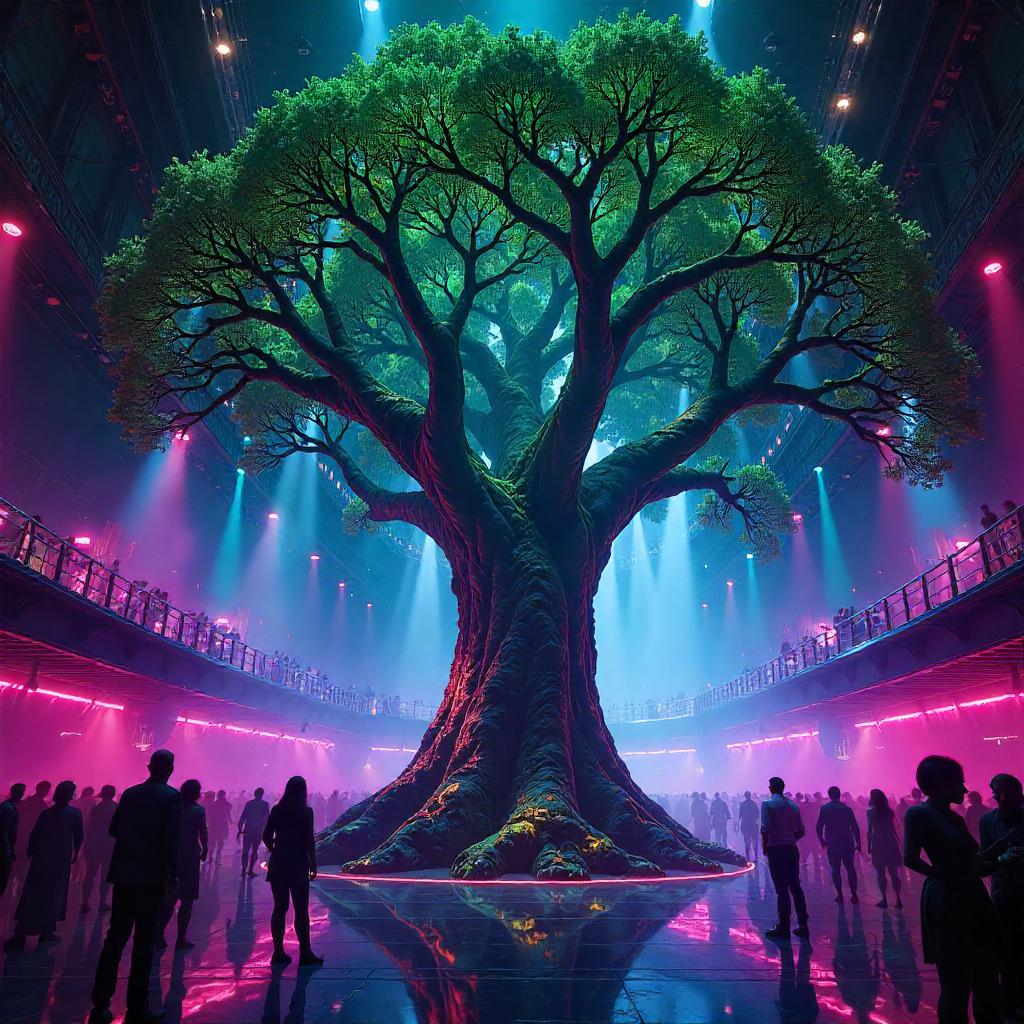 Bioluminescent Tree in a Neon Nightclub — Concept Art