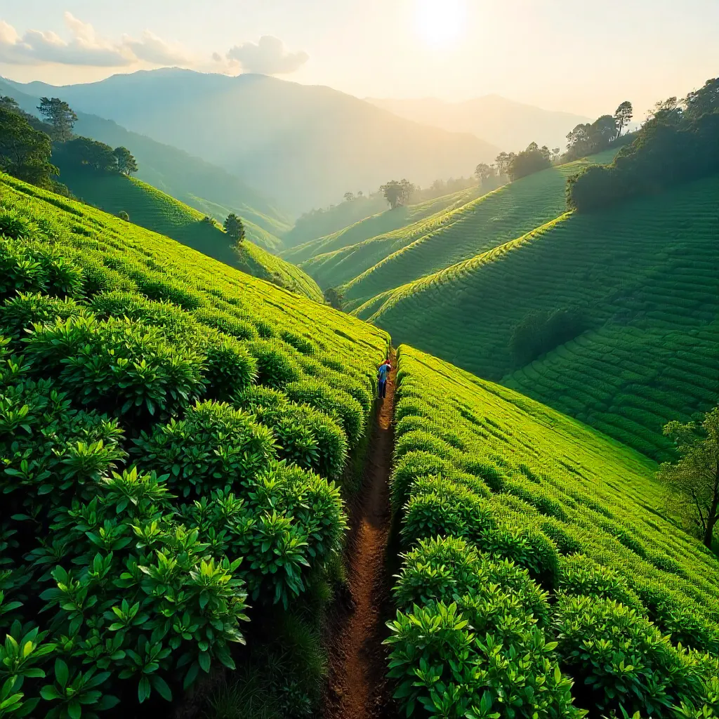 Aerial Tea Plantation: Verdant Rows and Workers