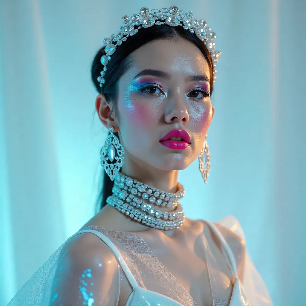 Ethereal Studio Fashion Portrait with Bold Makeup and Accessories