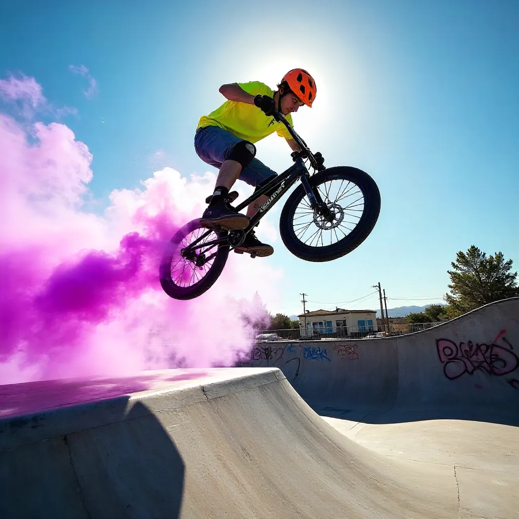 Dynamic BMX Rider with Purple Smoke in Sunlit Skatepark