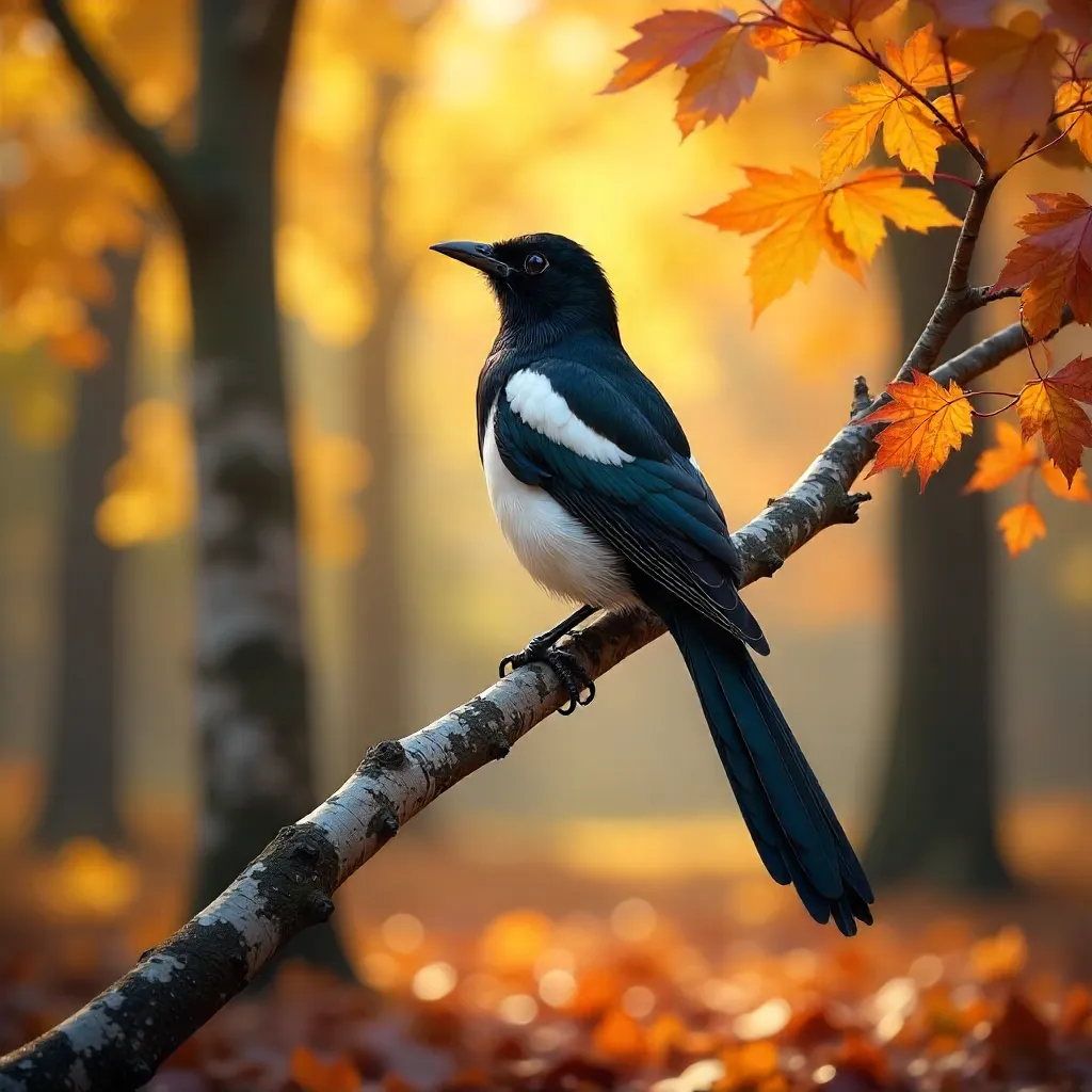 Magpie on Birch Amid Autumn Colors