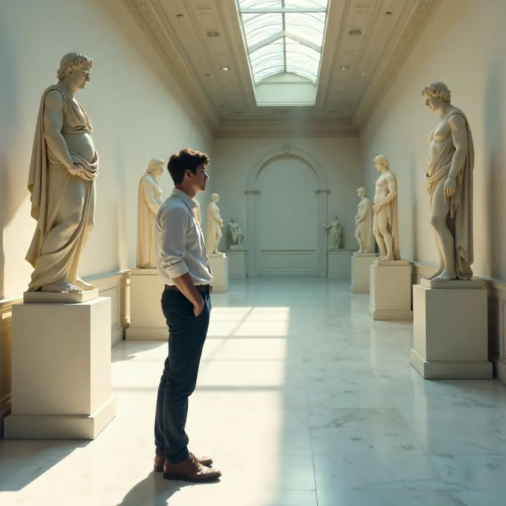 Contemplative Young Man in a Serene Museum Hall