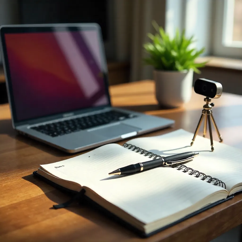 Modern Desk Scene: Netbook, Tripod, and Planner