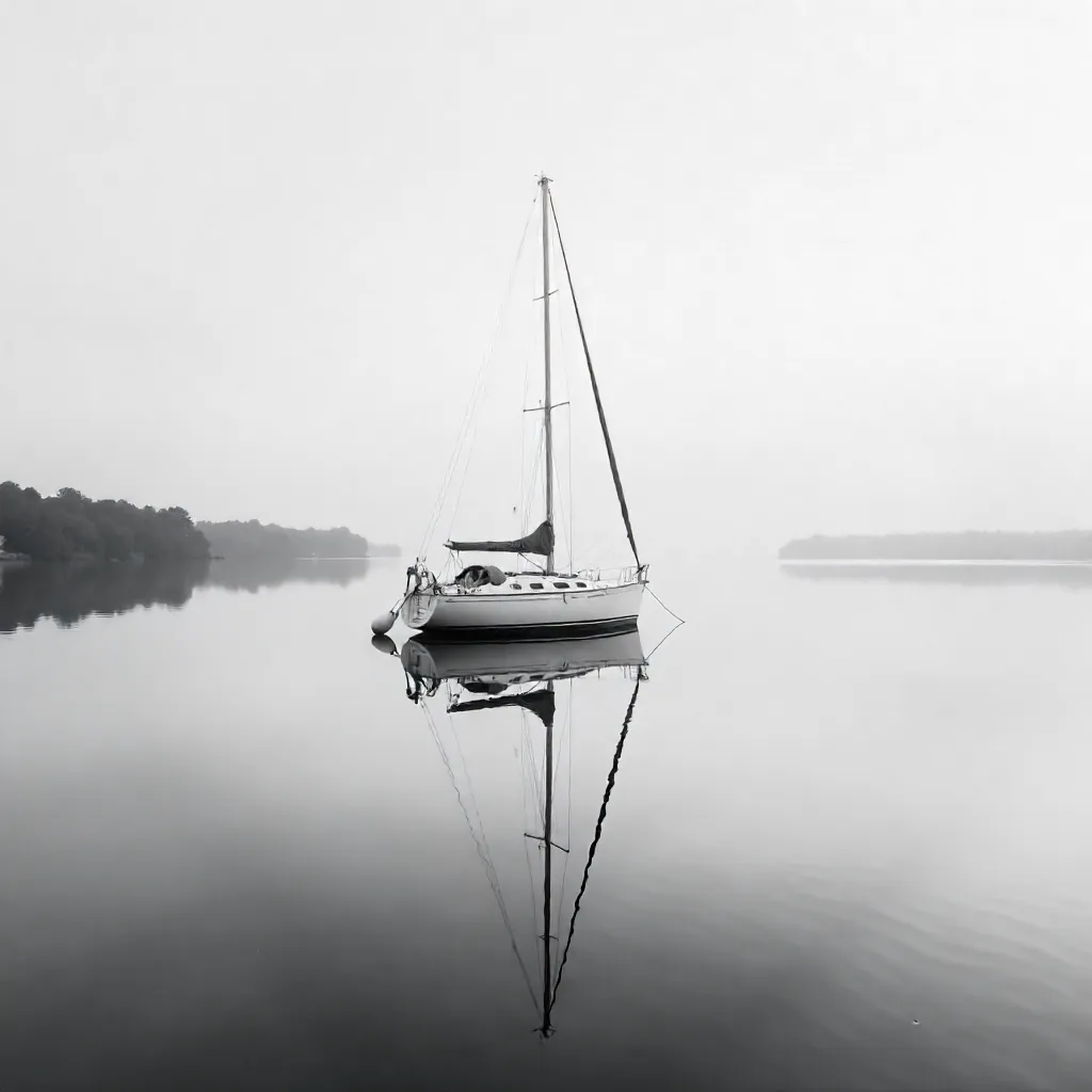 Symmetry of Silence: Black and White Boat Reflection