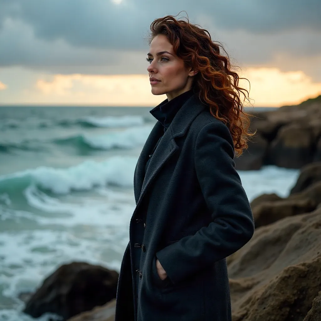 Curly-Haired Woman in a Dark Coat by the Sea