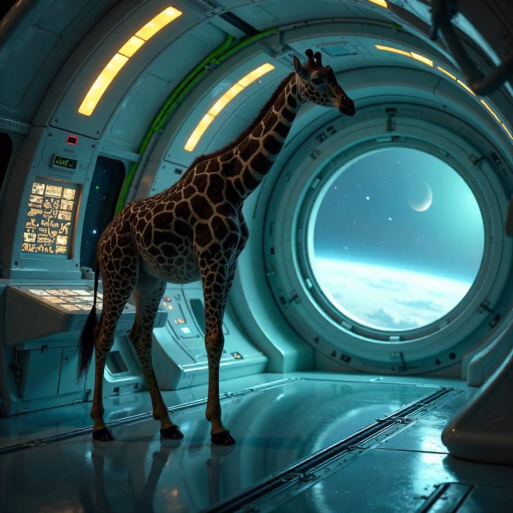 Photoreal giraffe inside an alien spacecraft